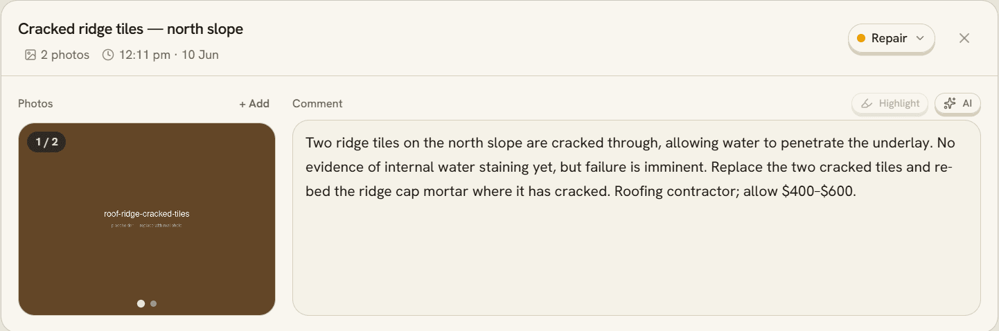 A finding card from ducksoup: cracked ridge tiles on the north slope, rated Repair, with two photos and a fully written comment including a cost estimate